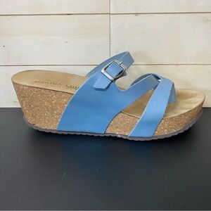 Marina Luna Platform Wedge Sandals Blue Leather Women's Size 9 Shoes EU39